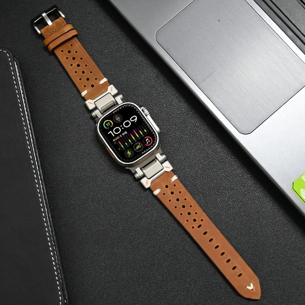 High-quality tan leather smartwatch strap, device compatible, premium & durable unisex accessory.