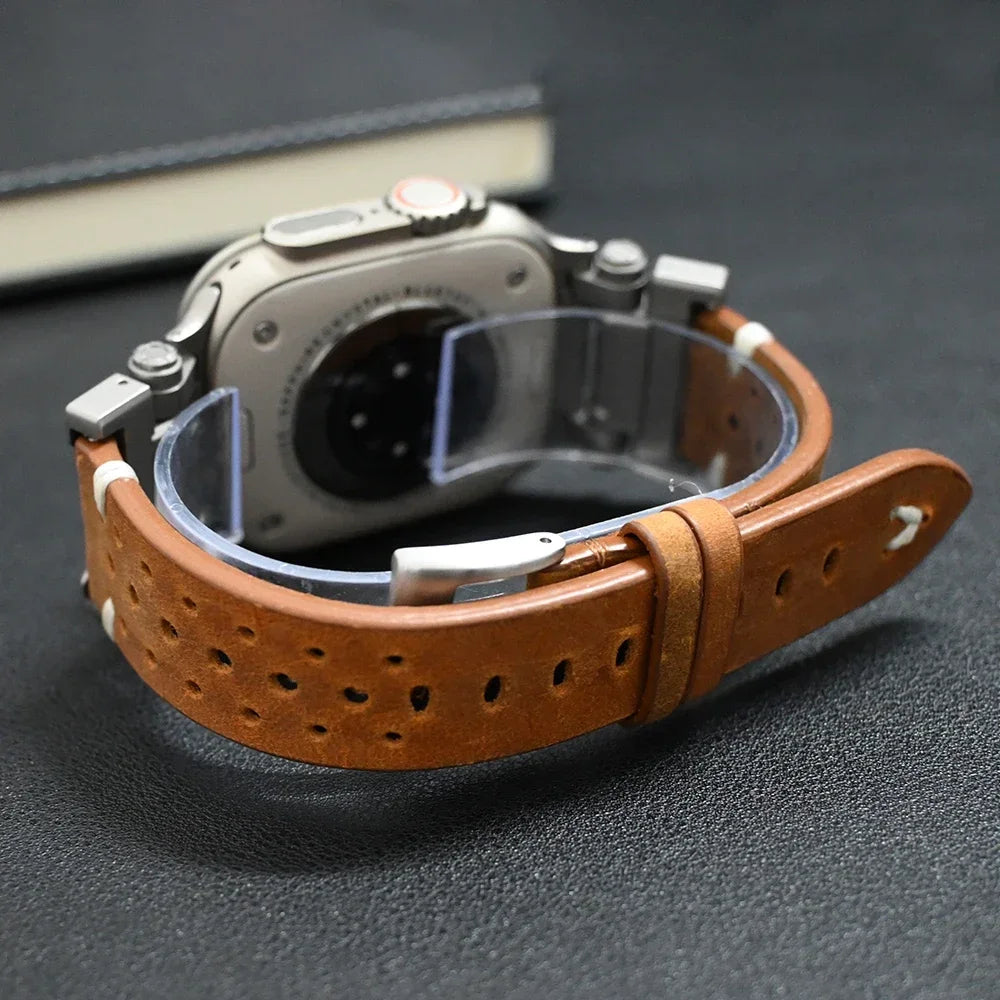 Classic brown leather smartwatch strap, comfortable and durable unisex watch accessory.
