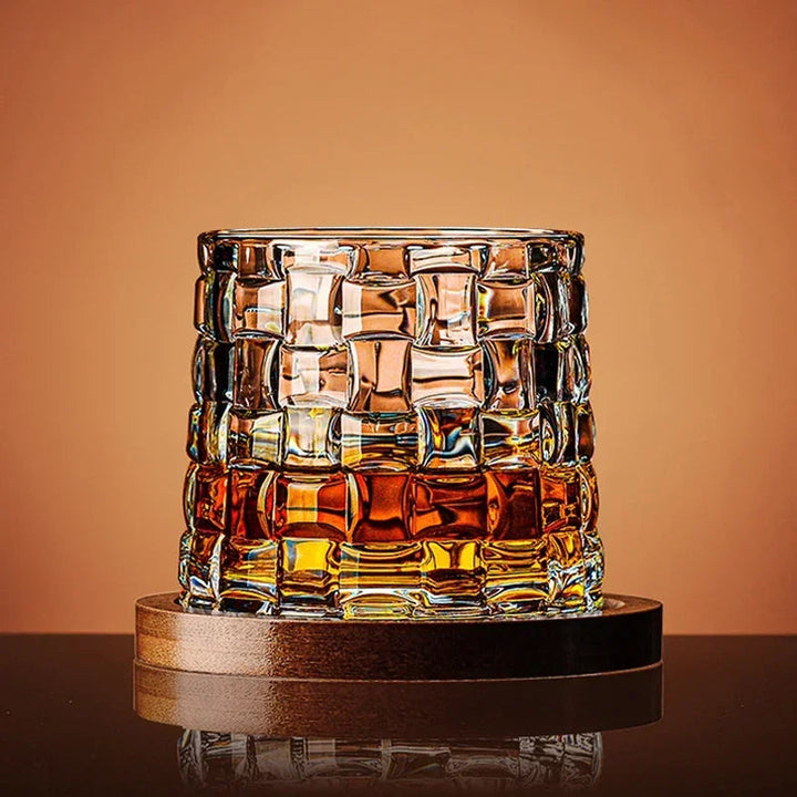 Premium crystal whiskey glasses (set of 2) with a unique, solid wooden display base for bourbon & spirits.