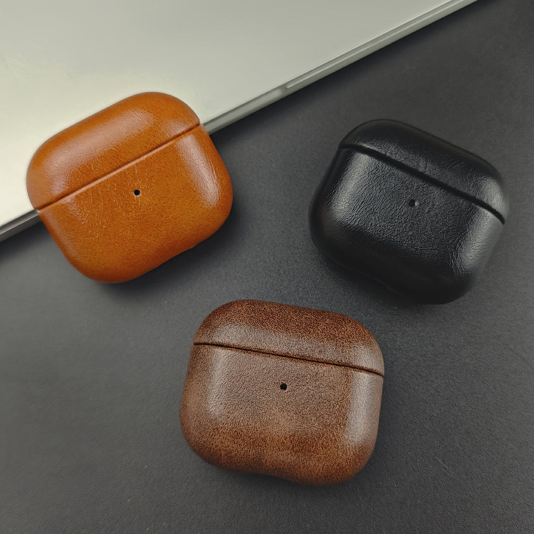 Premium full grain leather AirPods case. Durable, protective tech accessory for your wireless earbuds.