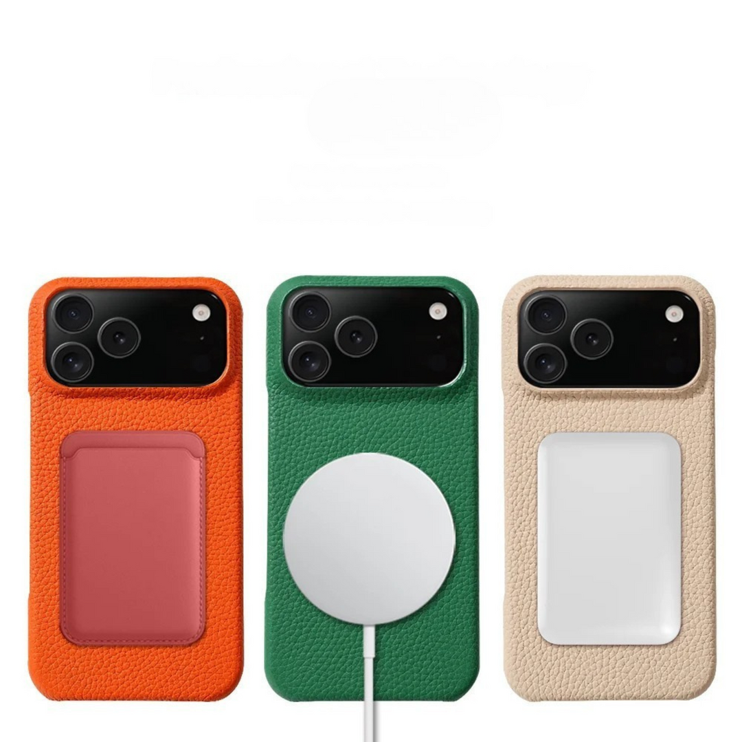 Genuine leather iPhone case 12-17 series. Shock-absorbent, scratch-resistant, MagSafe compatible.