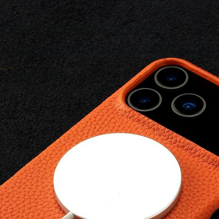 Shock-absorbent genuine leather iPhone case for 12-17. Premium protection, scratch-resistant, durable.