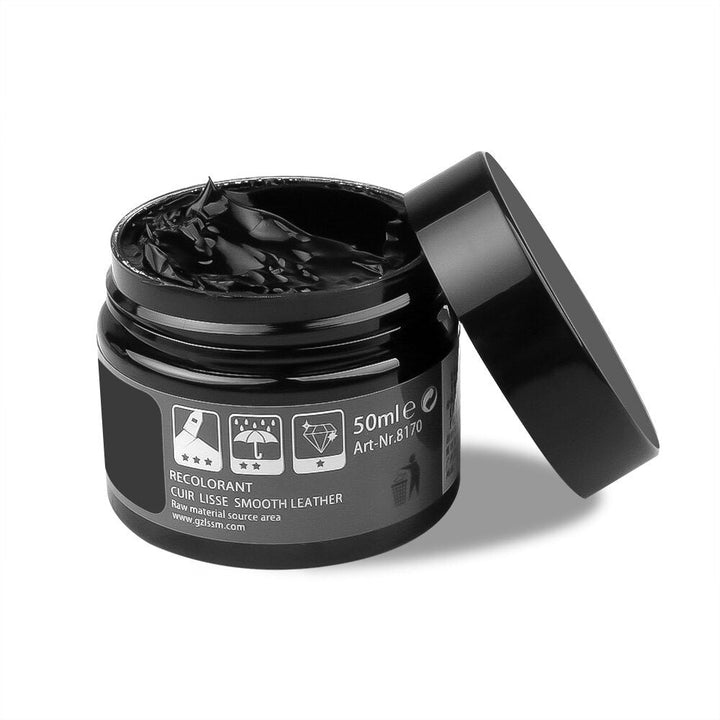 RestoreLeather leather restoration kit components: balm, sponge, and instructions for repair.