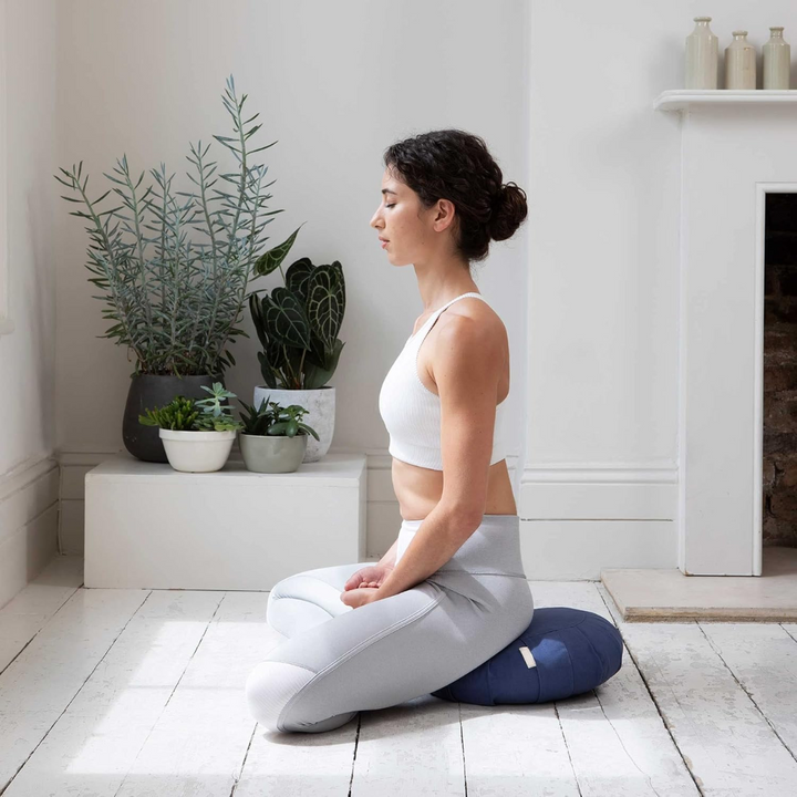 Premium organic cotton meditation cushion filled with natural buckwheat hulls for yoga & mindfulness.