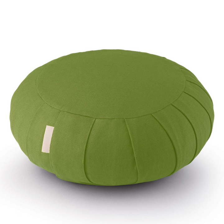 Ergonomic meditation cushion: organic cotton exterior, buckwheat interior for optimal spine alignment & comfort.
