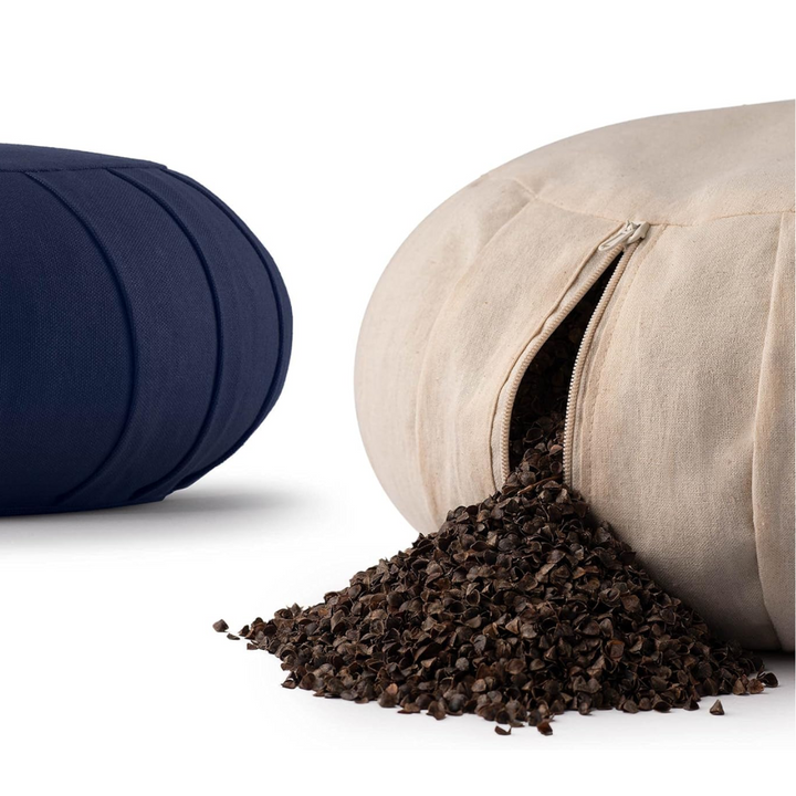 Washable organic cotton meditation cushion with natural buckwheat for a hygienic & supportive yoga practice.