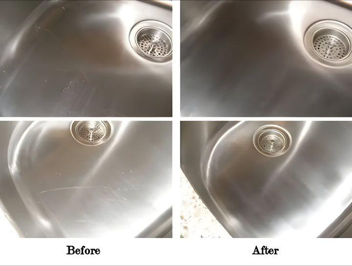 Closeup of stainless steel scratch remover paste, a powerful metal polish for ultimate shine & restoration.