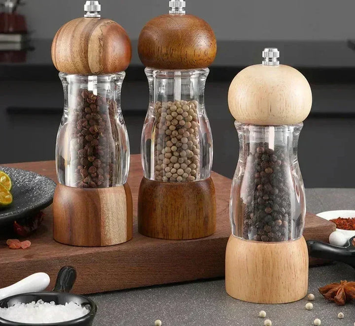 Premium wood salt & pepper grinder set, manual spice mills for kitchen or tabletop seasoning.