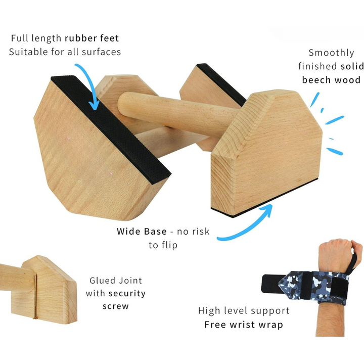 Durable wooden parallettes for push-ups, dips, & gymnastics; ideal home gym workout equipment.