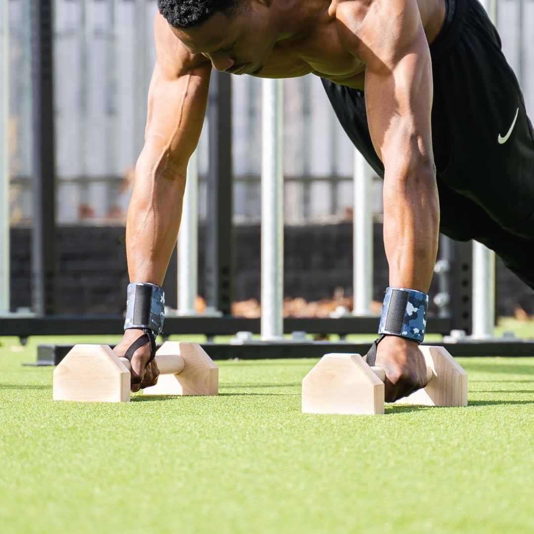 Ergonomic wooden parallettes for stable bodyweight exercises, strength training & home fitness.