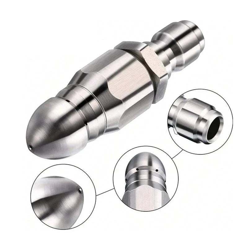 High-pressure sewer jetter nozzle, stainless steel with 1/4'' quick connect for powerful pipe cleaning.