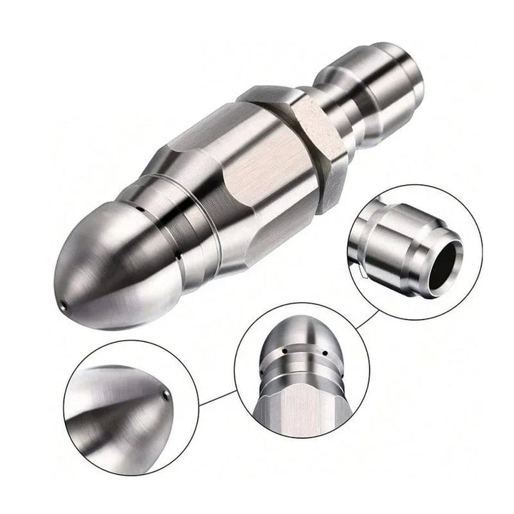 High-pressure sewer jetter nozzle, stainless steel with 1/4'' quick connect for powerful pipe cleaning.