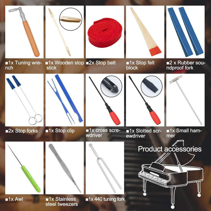 Expert 16-piece piano tuning tools for professional use or home maintenance, secured in a portable case.