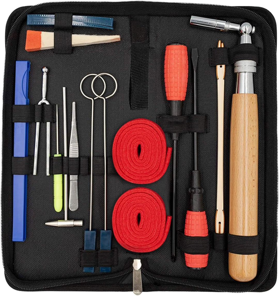 Professional 16-piece piano tuning tool kit in a black storage case, for musical instrument maintenance and repair