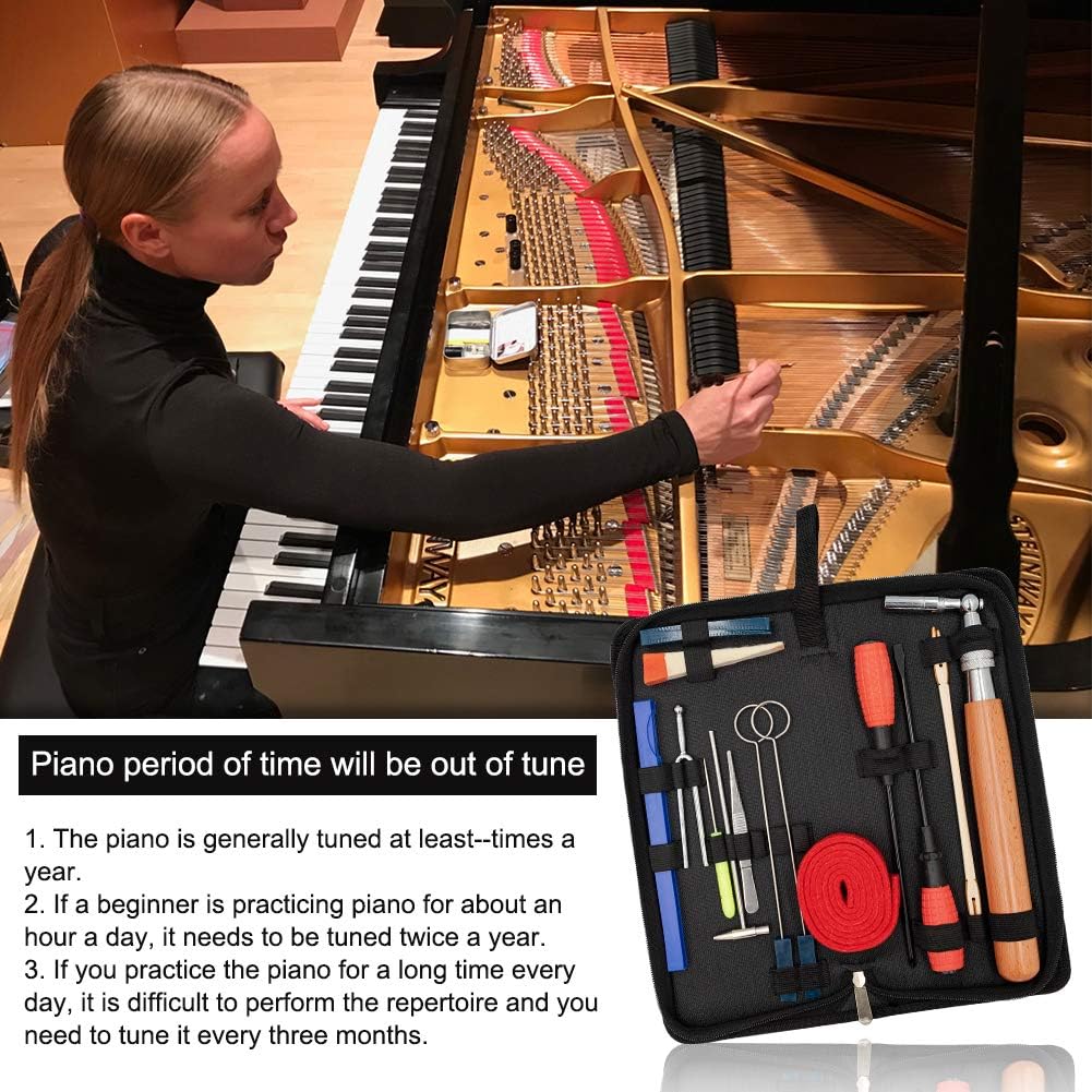 Close-up of professional piano tuning tools including hammers, mutes, and temperament strip, in a kit