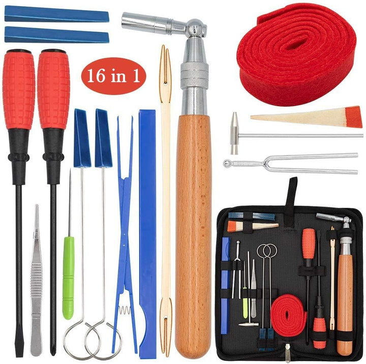 Arvena professional 16-piece piano tuning kit with wrench, mutes, and tools laid out on a clean surface