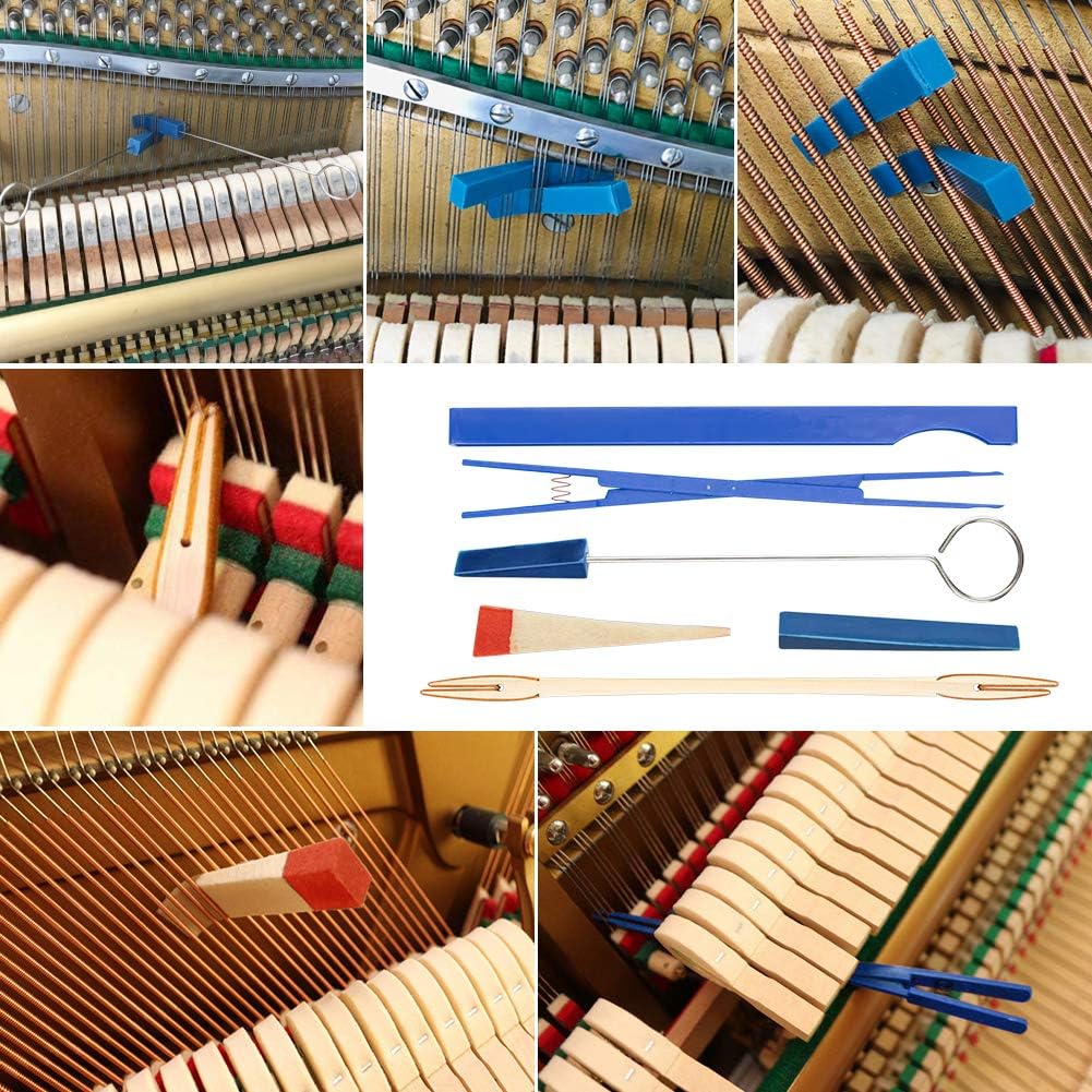 Detailed view of precision piano tuning tools from a 16-piece professional kit, including tuning lever