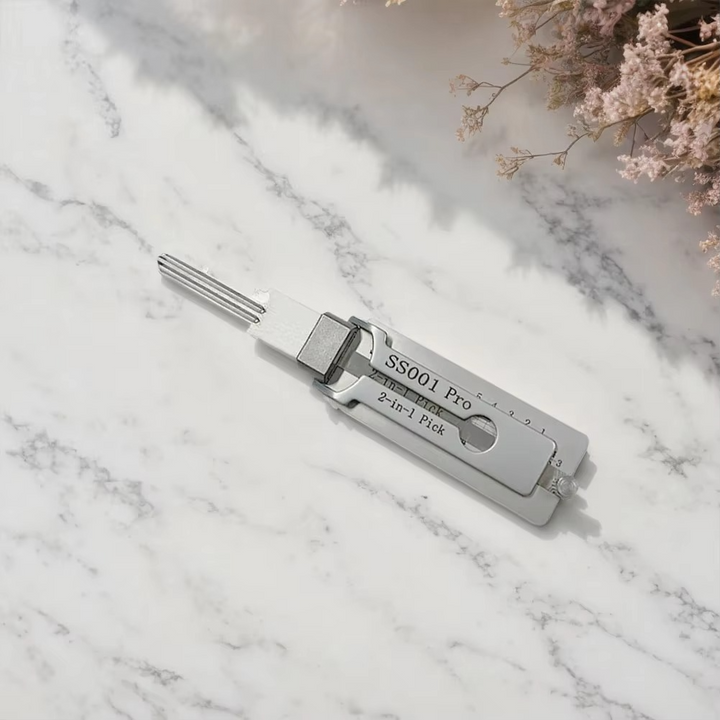 Professional 2-in-1 key decoder and lock picking tool. Stainless steel, precision entry tool for locksmiths.