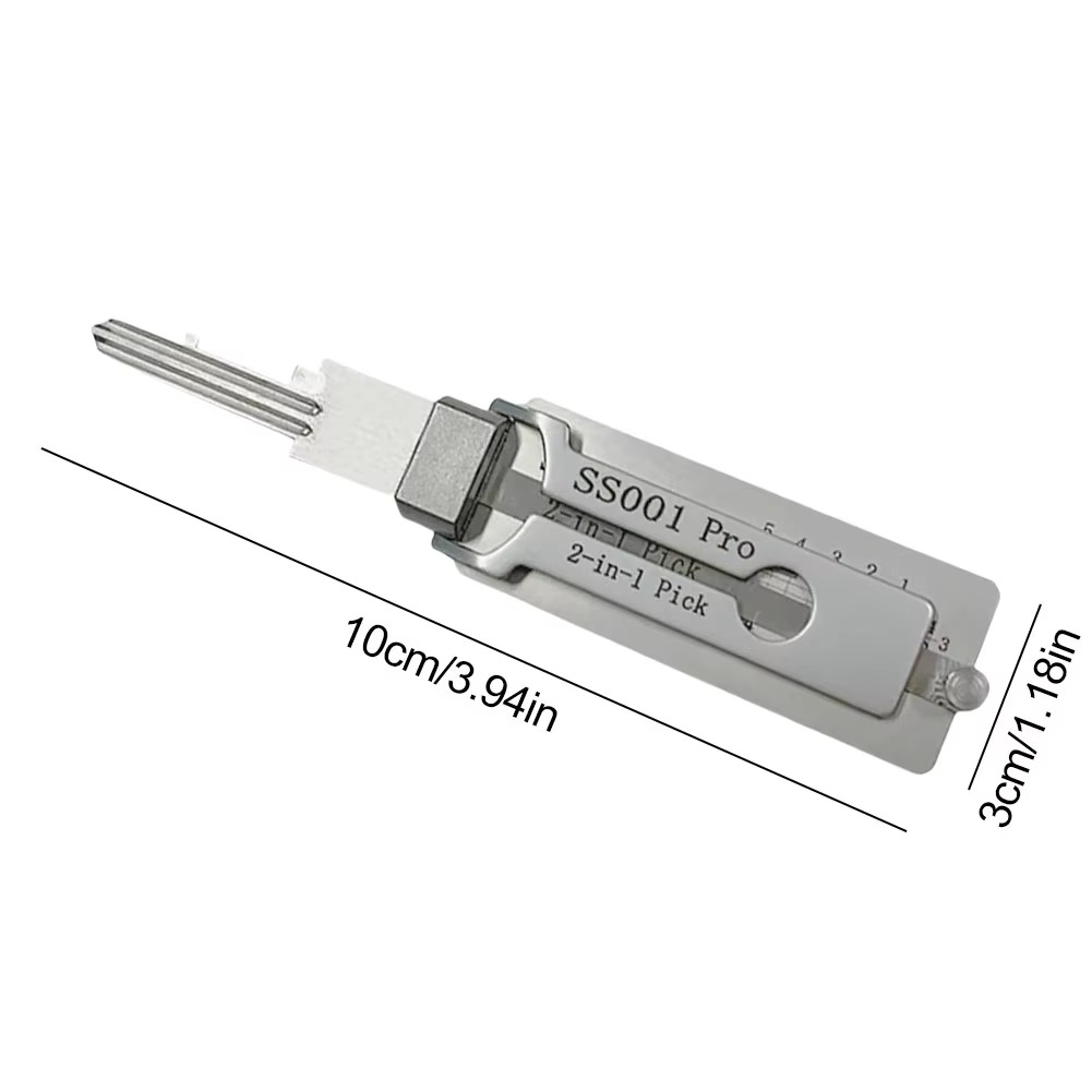 Durable stainless steel 2-in-1 lock picking and key decoding tool for professional locksmiths. Manual entry.