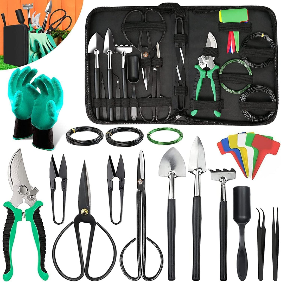 Professional 24-piece bonsai tree care kit with high-carbon steel tools in a PU leather bag for enthusiasts.