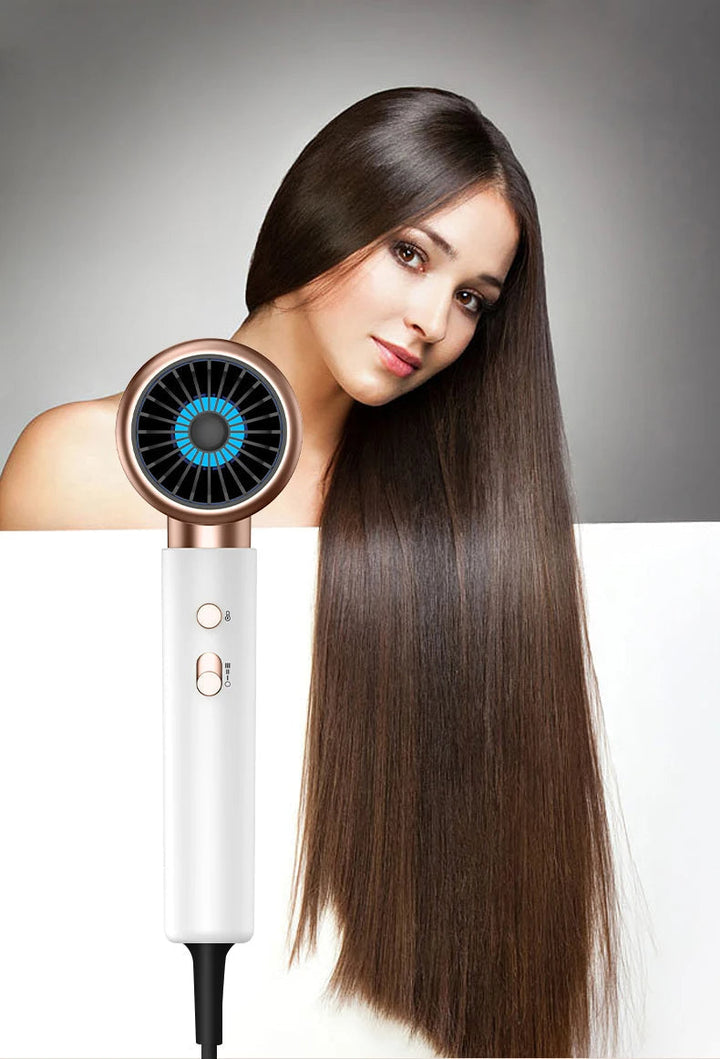 Hair styling with a 2400W professional hairdryer, demonstrating its efficiency