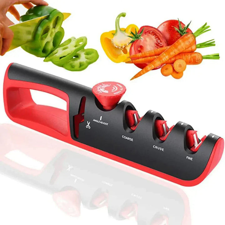 Professional 4-in-1 adjustable knife sharpener with ceramic & tungsten steel for kitchen blades. Non-slip base.