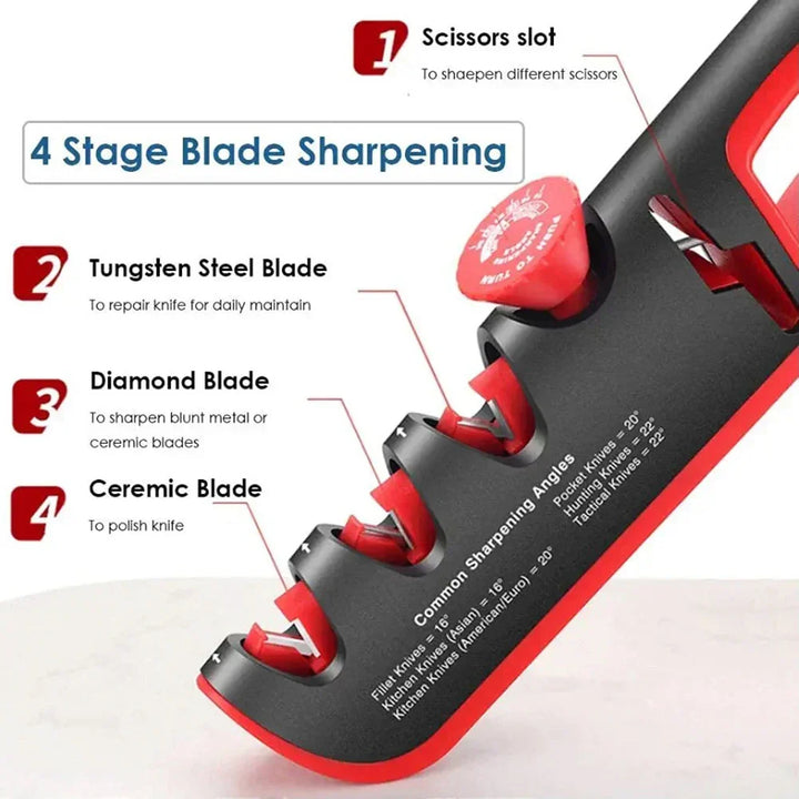 Versatile 4-in-1 knife sharpener, ideal for various kitchen knives. Features professional ceramic & tungsten sharpening.