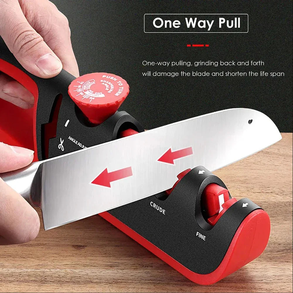 EdgeSharp 4-in-1 knife sharpener with tungsten steel for coarse, ceramic for fine, and polishing slots.