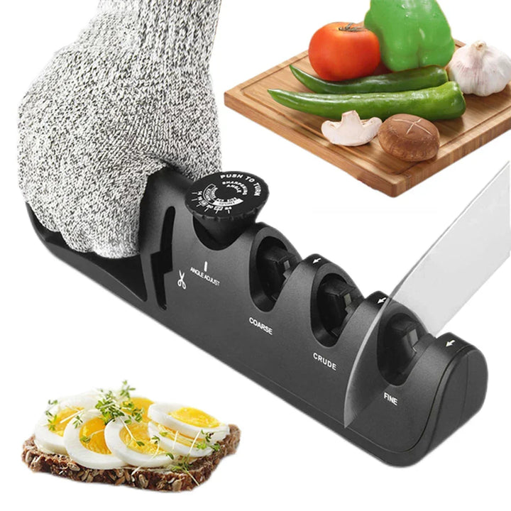Safe & efficient 4-in-1 professional knife sharpener with a non-slip base for stable kitchen blade sharpening.