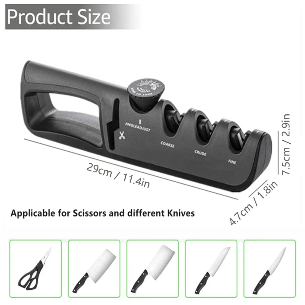 Essential kitchen accessory: 4-in-1 adjustable knife sharpener for maintaining sharp blades on all your tools.