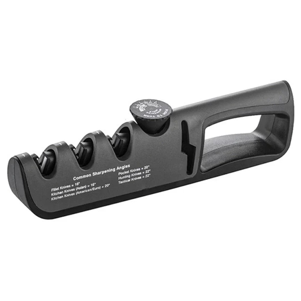 Professional 4-in-1 knife sharpener with coarse tungsten, fine ceramic, and polish stages for ultimate blade sharpness.