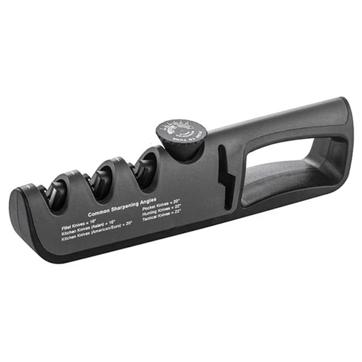 Professional 4-in-1 knife sharpener with coarse tungsten, fine ceramic, and polish stages for ultimate blade sharpness.