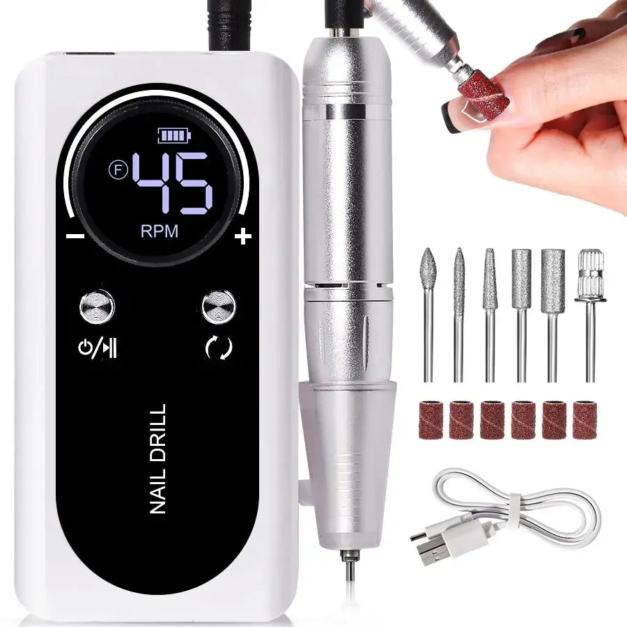 Electric nail file charging, highlighting its rechargeable and portable manicure capabilities