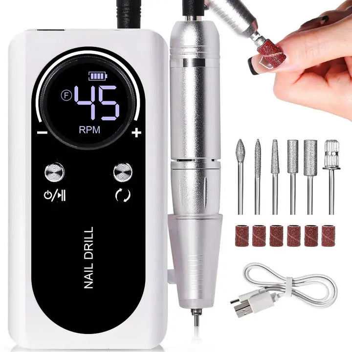 Electric nail file charging, highlighting its rechargeable and portable manicure capabilities