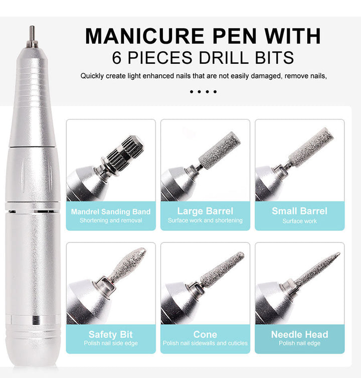 Ergonomic portable electric nail file showing low noise operation and nail polishing