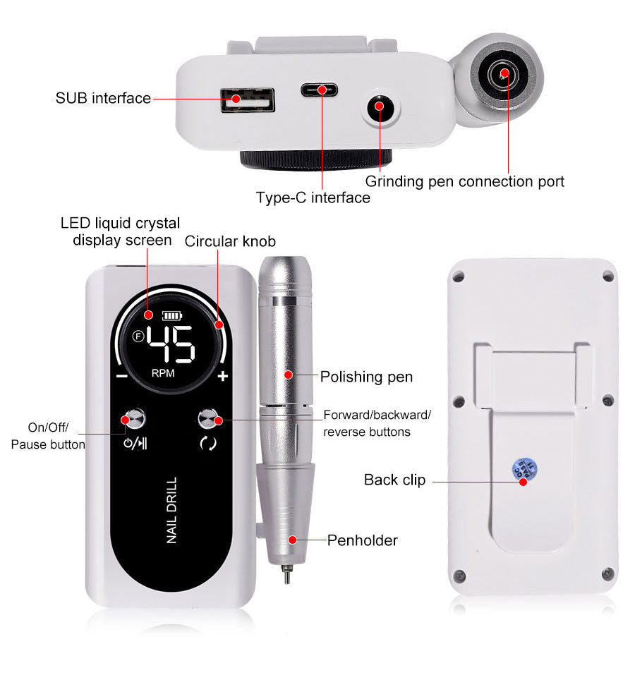 Beauty device: professional electric nail file, 45000RPM, with various nail art attachments
