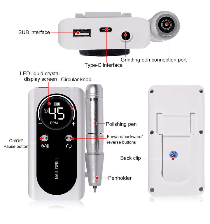 Beauty device: professional electric nail file, 45000RPM, with various nail art attachments
