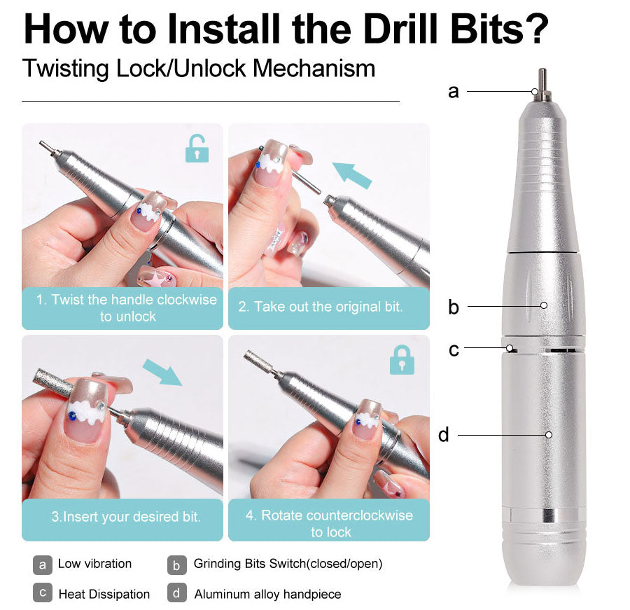 Portable electric nail file kit with drill, cable, and selection of pedicure tools