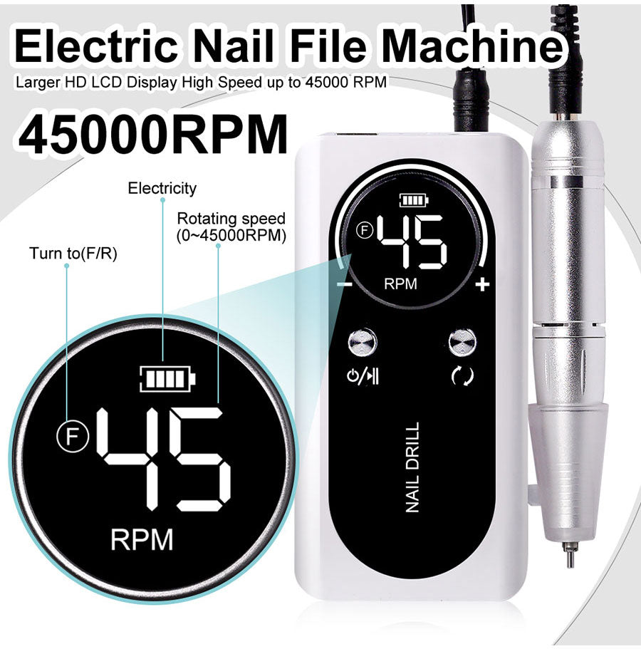 Hand holding 45000RPM electric nail file, demonstrating ease of use for personal care