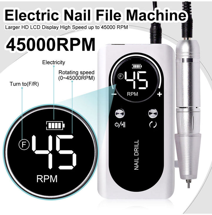 Hand holding 45000RPM electric nail file, demonstrating ease of use for personal care