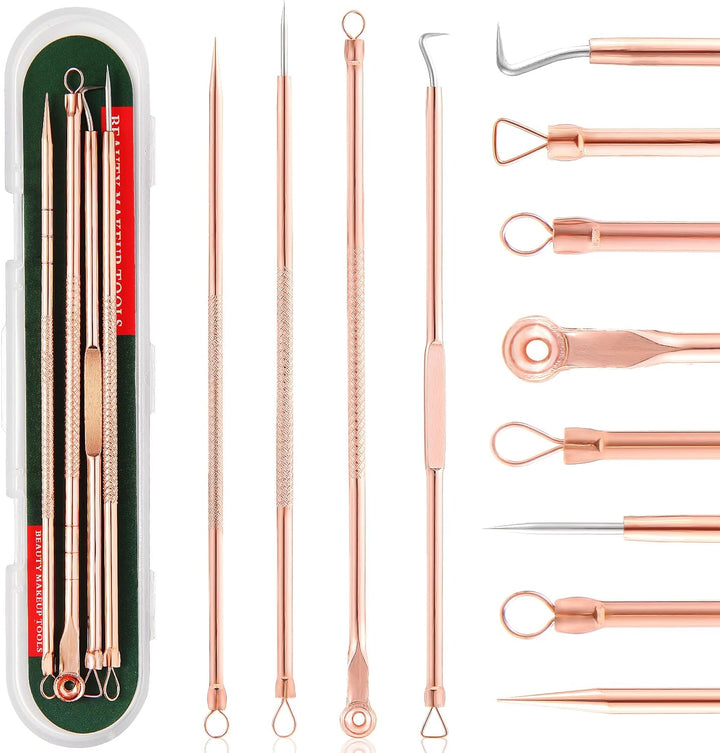 Professional blackhead & blemish extractor kit with various stainless steel tools for facial skincare & acne treatment