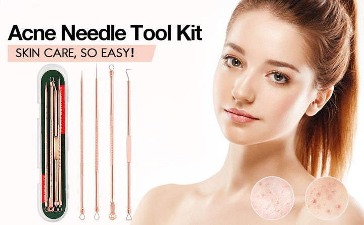 Close-up of the textured handles of blackhead remover tools from a professional kit, for secure grip during use