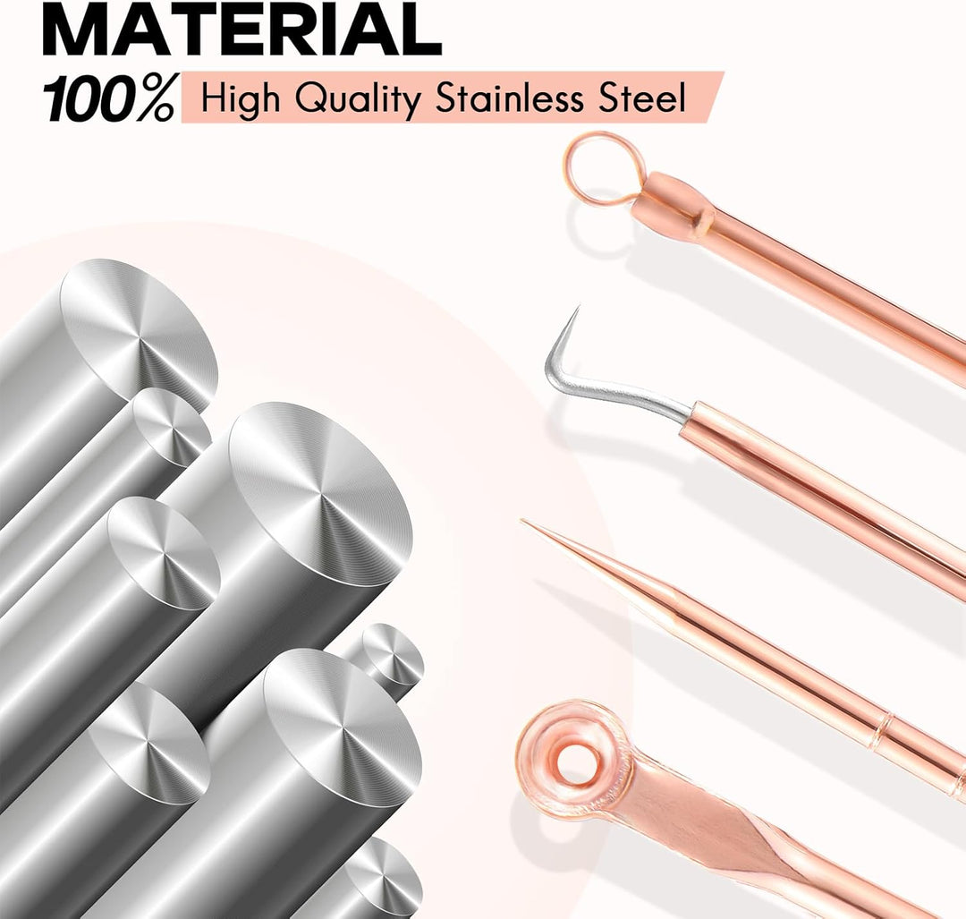 Ergonomic blackhead & pimple extractor tools displayed in a sleek case, perfect for effective facial care and acne