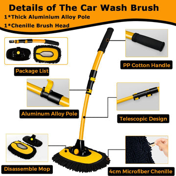 Efficient scratch-free car wash brush with ergonomic handle and extendable pole for easy vehicle cleaning.