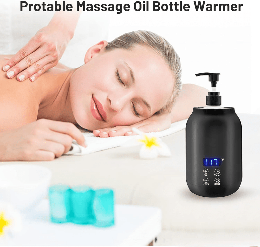 Sleek black electric massage oil warmer, a compact spa equipment for consistent heated oil application.
