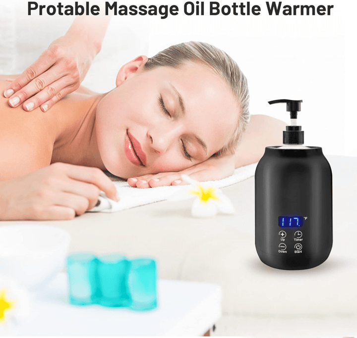 Sleek black electric massage oil warmer, a compact spa equipment for consistent heated oil application.