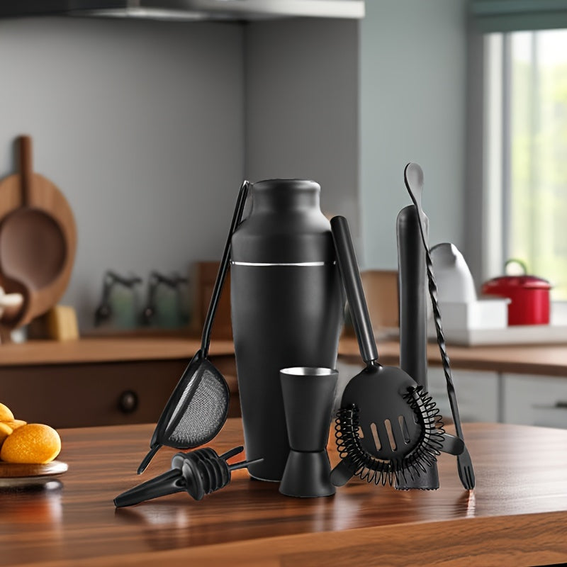 Stylish MixMaster professional cocktail set displayed on a modern home bar counter, ready for drink making.