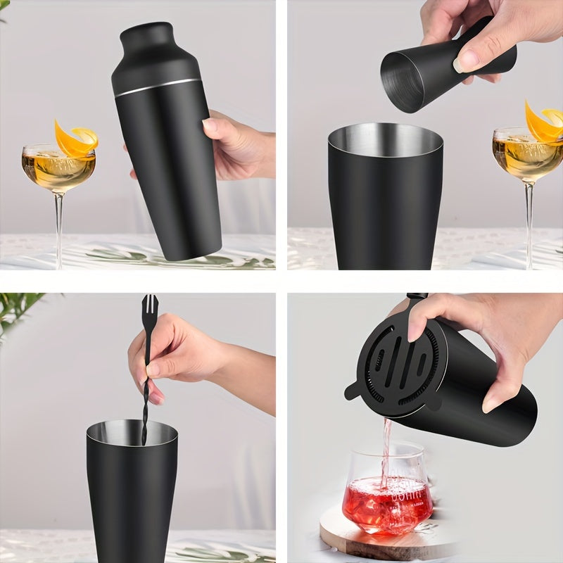 Complete MixMaster stainless steel cocktail shaker set with various bar tools, perfect for aspiring mixologists.