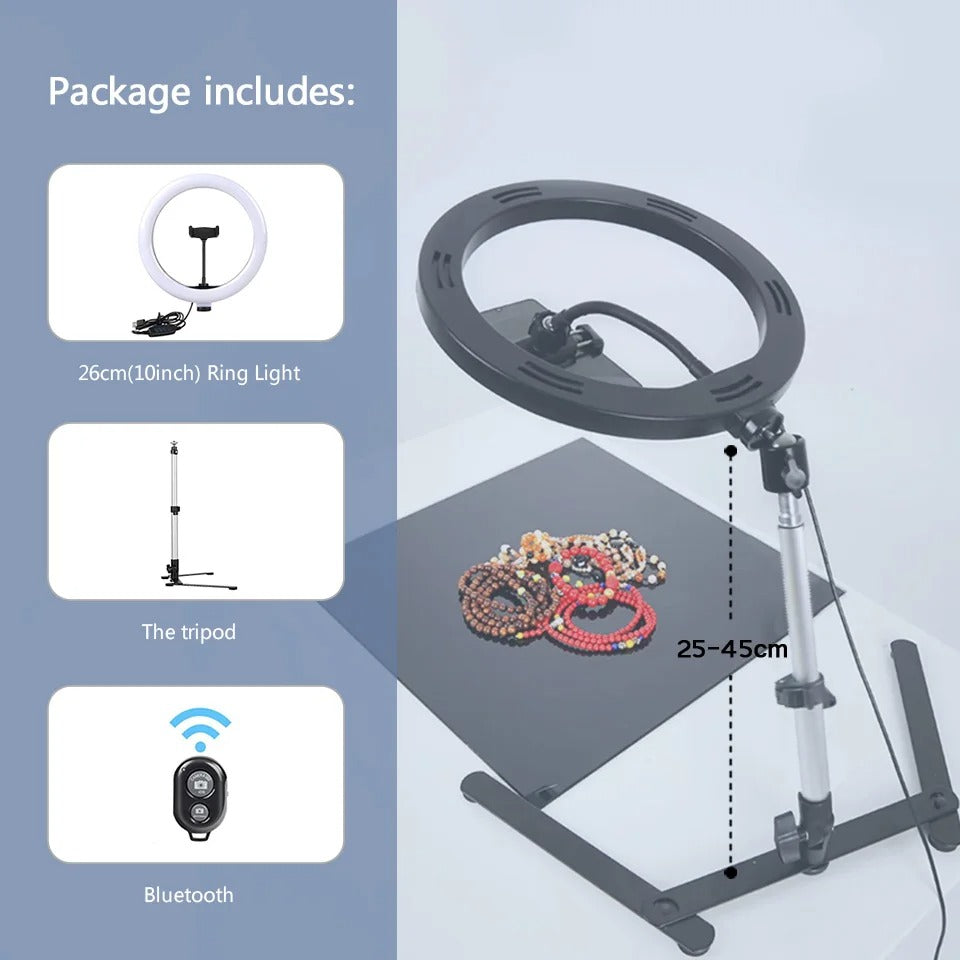 Portable, adjustable LED ring light tripod with phone holder for perfect selfies, video & content creation.