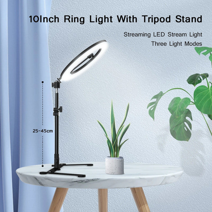 Ring light with tripod & phone holder for YouTube creators, TikTok videos, live streaming, and makeup tutorials.
